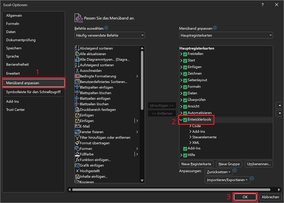 Anzeigen der Entwicklertools in den Excel-Optionen