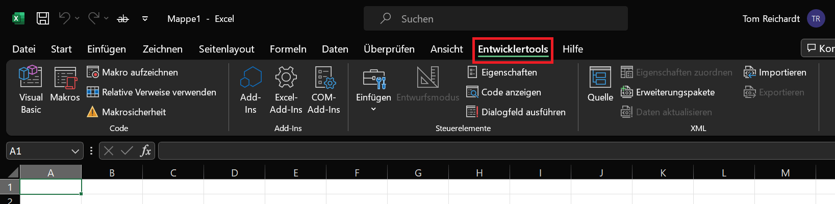 Der Bereich Entwicklertools in Excel