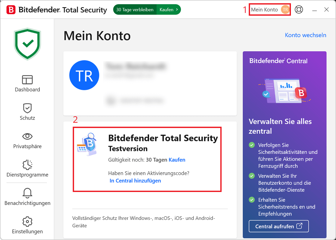 Restliche Laufzeit der Bitdefender Lizenz anzeigen