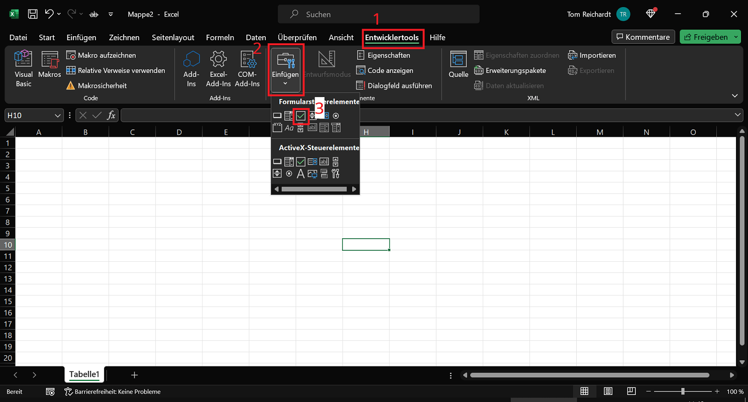 Checkbox in Excel einfügen