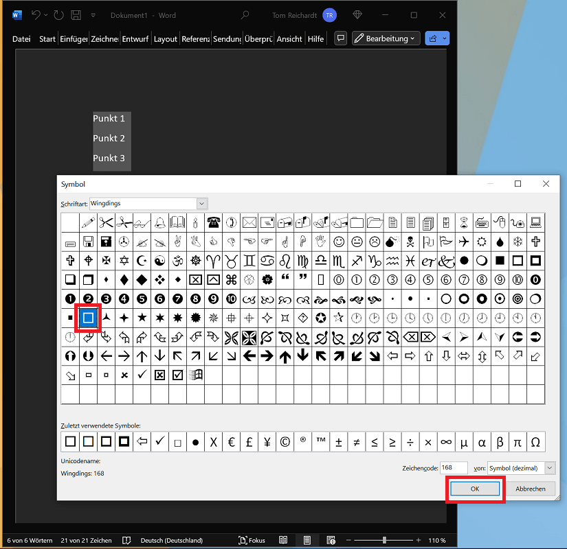 Checkbox in Word einfügen