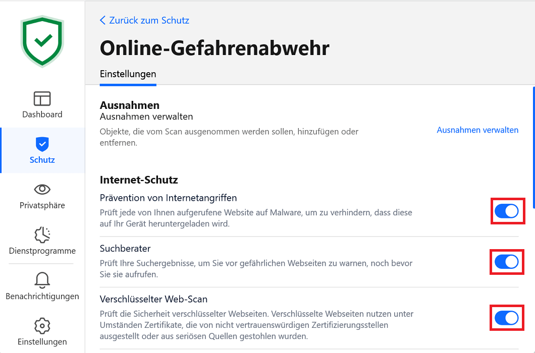 Einstellungen der Online-Gefahrenabwehr