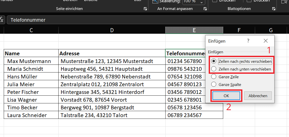 Einzelne Zelle in Zeile oder Spalte einf&uuml;gen