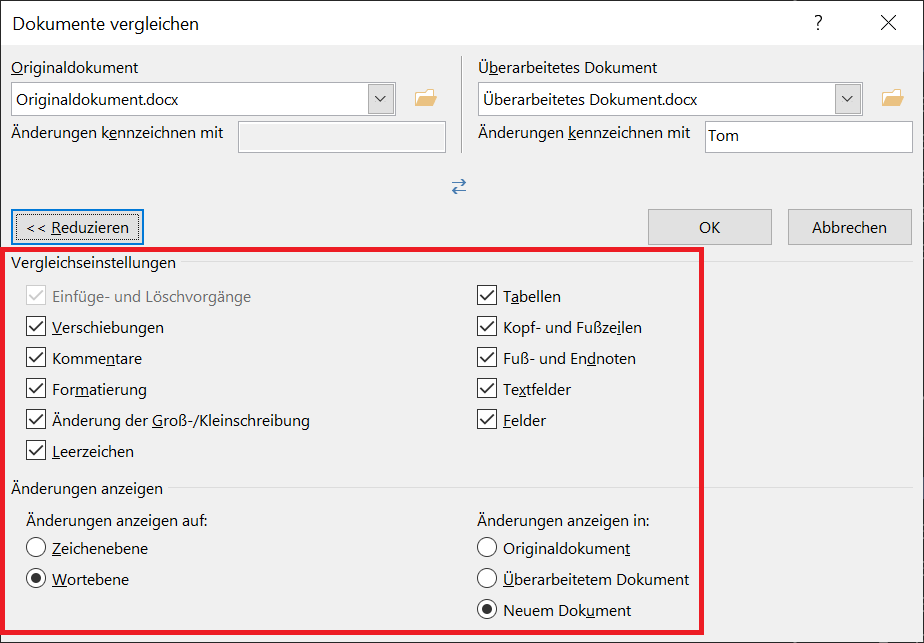 Erweiterte Optionen beim Dokumente vergleichen