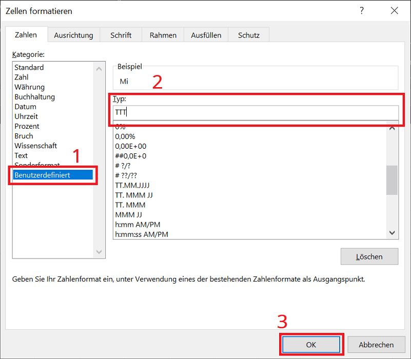 Das Excel Datum mit Wochentag in kurzer Variante anzeigen