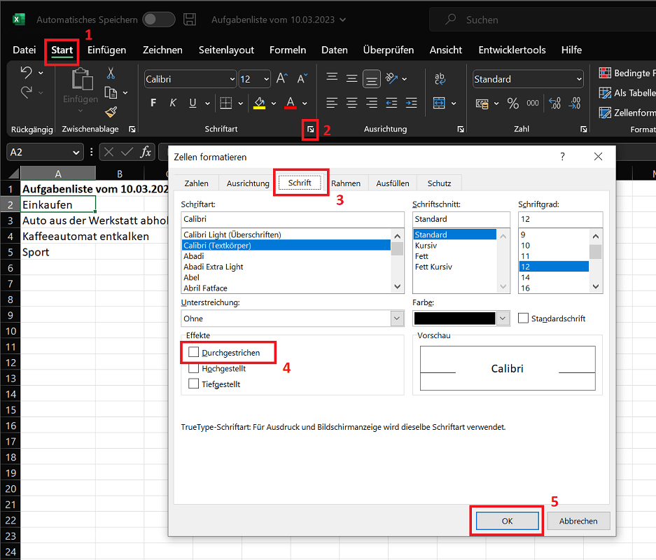Excel: Durchstreichen-Funktion in den Optionen