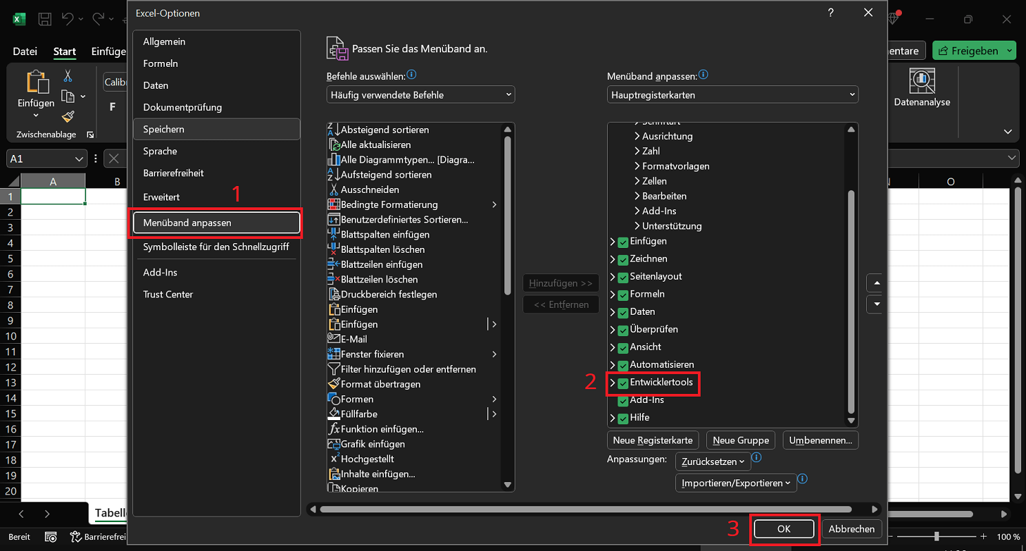 Entwicklertools in Excel hinzufügen