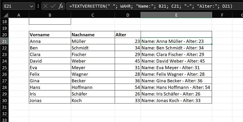 Excel-Funktion TEXTVERKETTEN