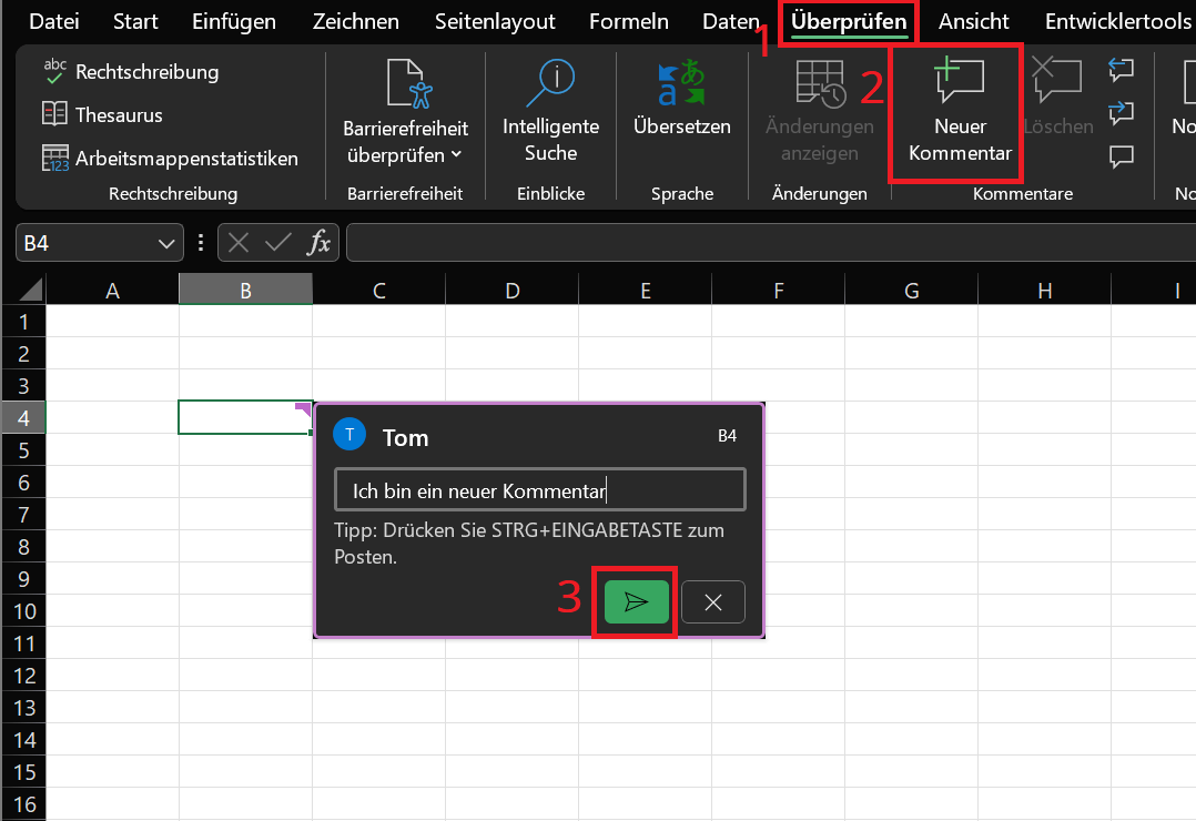 Kommentar in Excel &uuml;ber die Men&uuml;leiste einf&uuml;gen