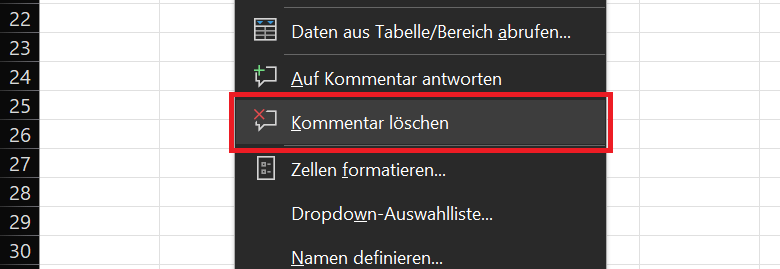 Kommentar in Excel l&ouml;schen