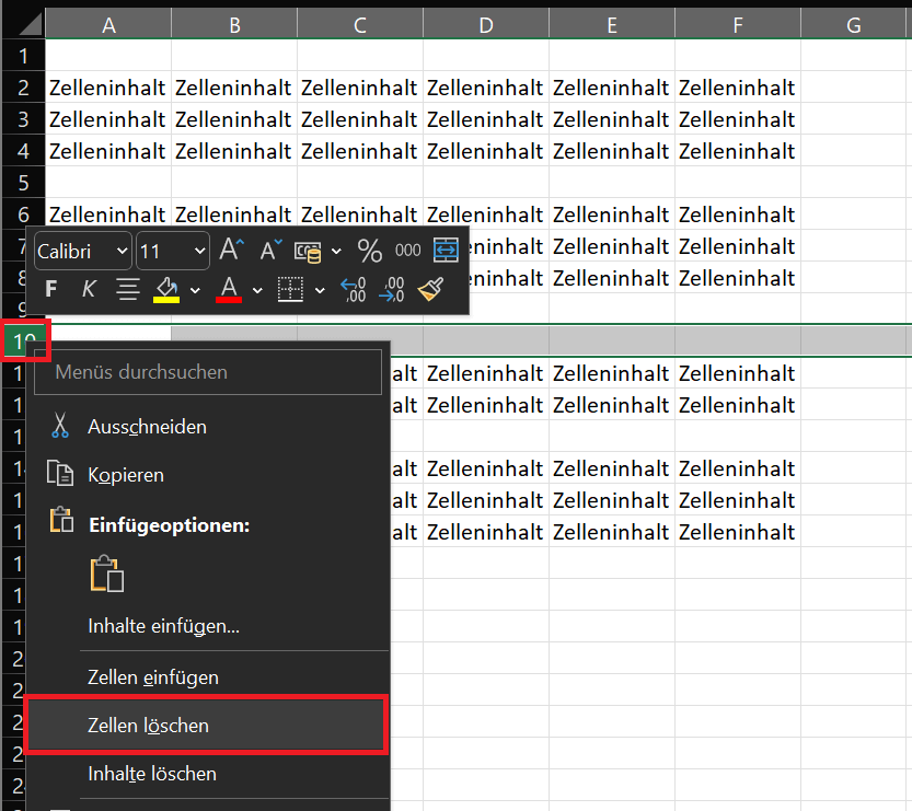 Leere Zeile in Excel über die Zeilennummern-Leiste löschen