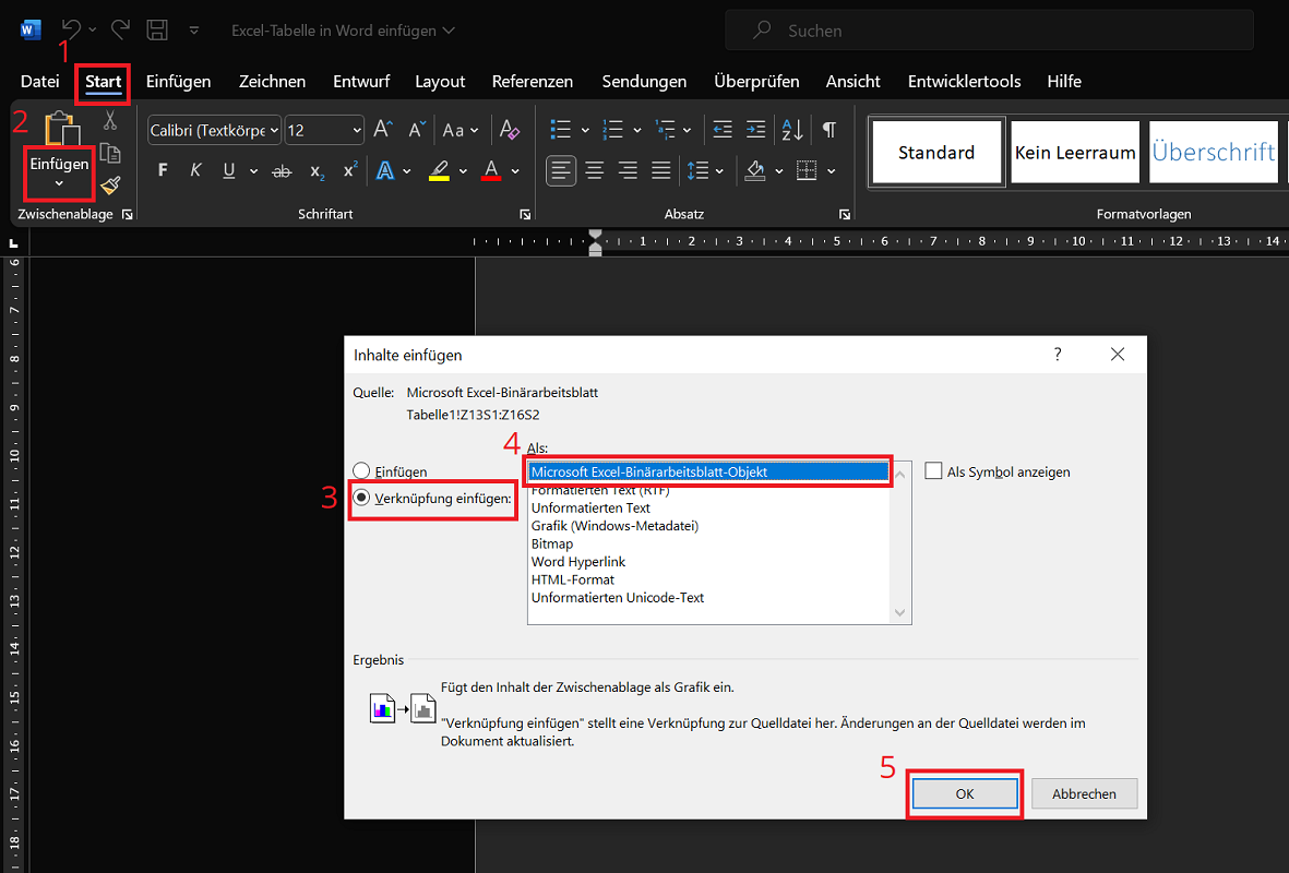 Excel-Tabelle in Word verknüpfen