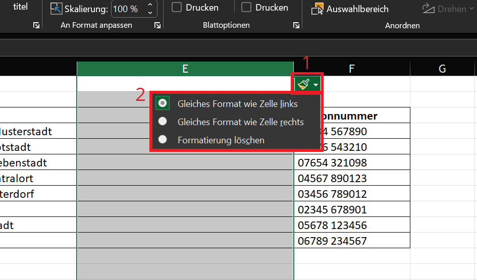 Formatierungsoptionen f&uuml;r eine neue Zeile oder Spalte