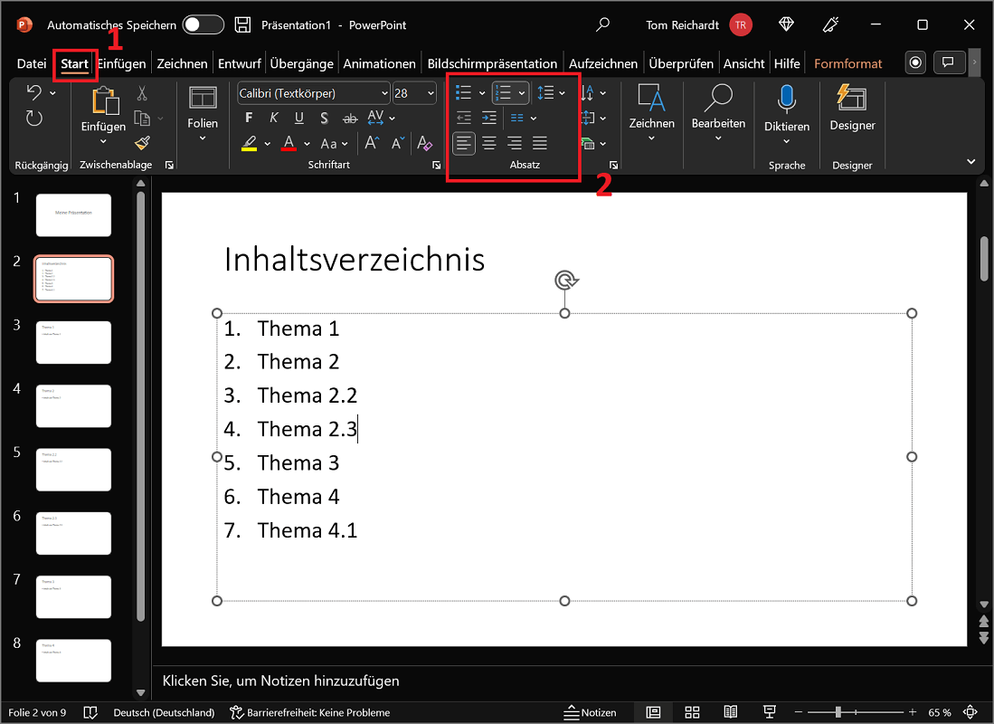 Nummerierung oder Aufzählungszeichen in PowerPoint hinzufügen