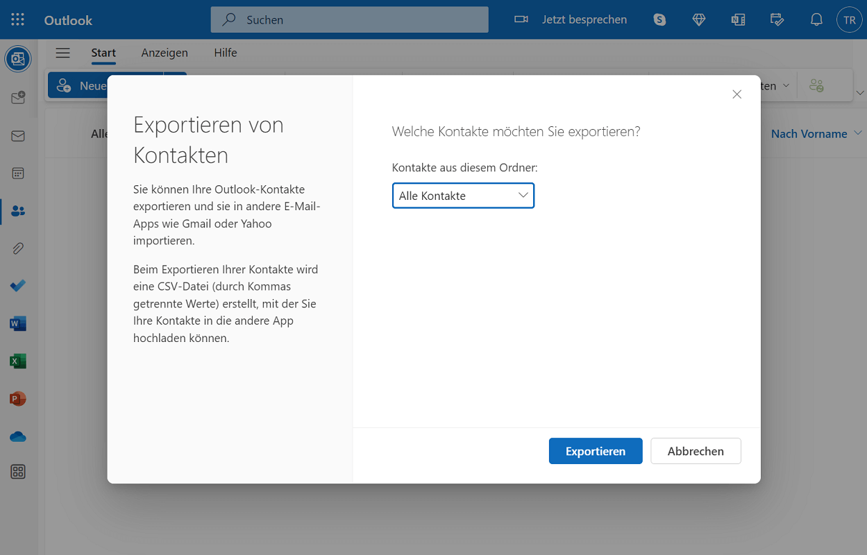 Kontakte exportieren in der Outlook Web-Version