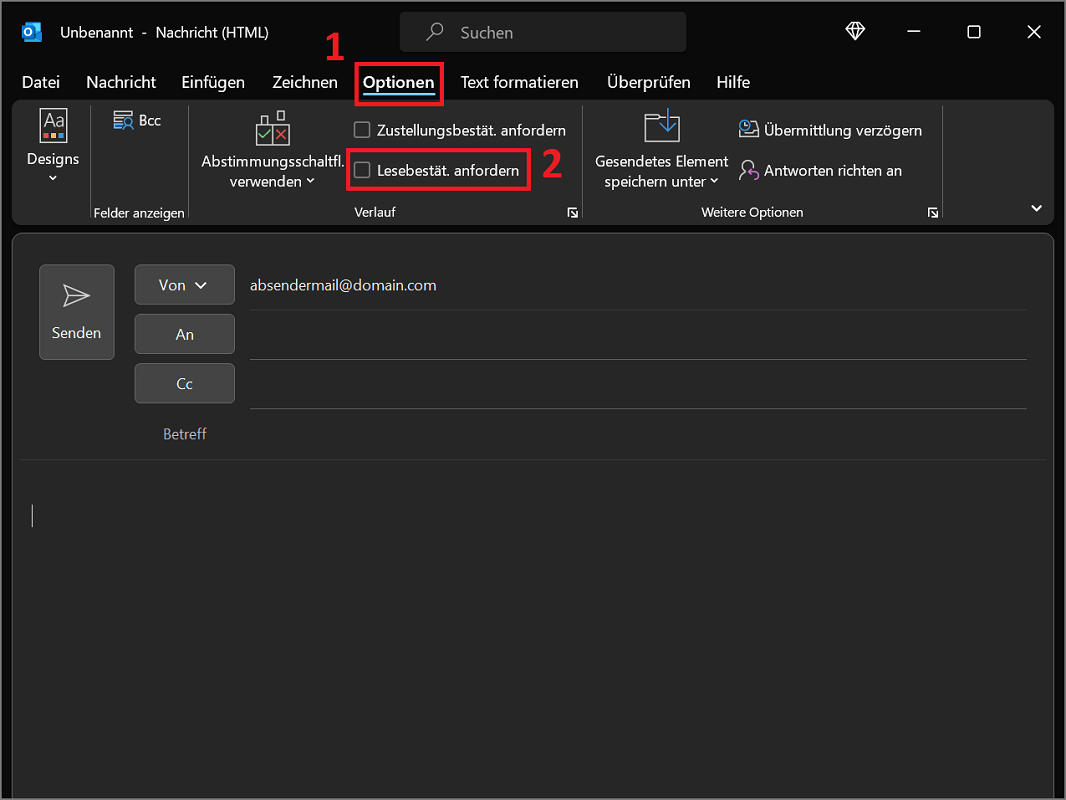 Lesebestätigung für eine einzelne E-Mail einstellen und anfordern