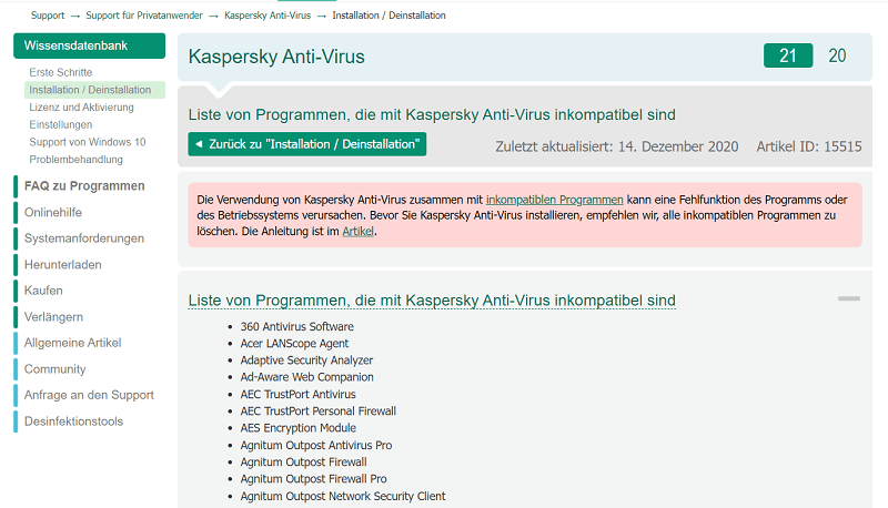 Liste mit allen inkompatiblen Programmen mit Kaspersky Tools