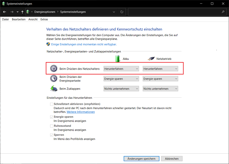 Netzschalter Konfiguration für das schnelle Herunterfahren von Windows 10
