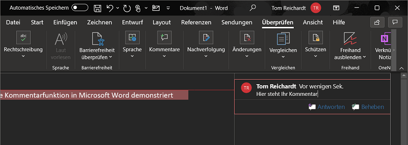Neuen Kommentar in Microsoft Word einfügen