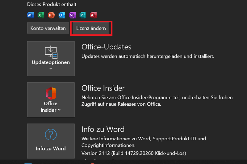 Office 2016 Key in den Optionen ändern