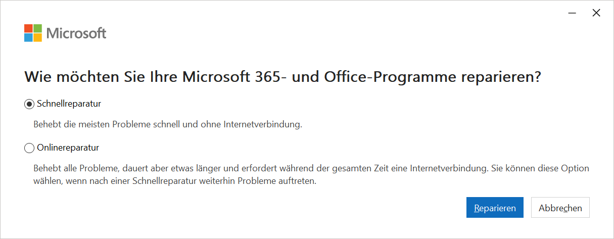 Office Outlook Reparatur starten