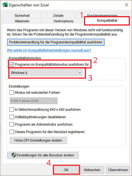 Office-Programm im Kompatibilitätsmodus starten