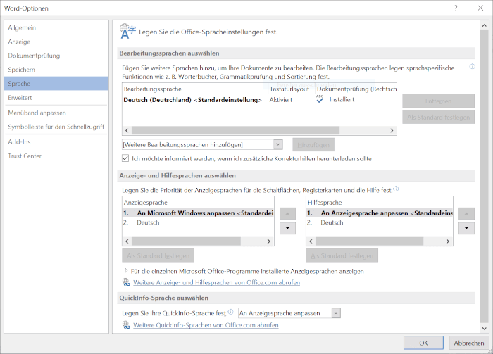 Office spracheinstellungen