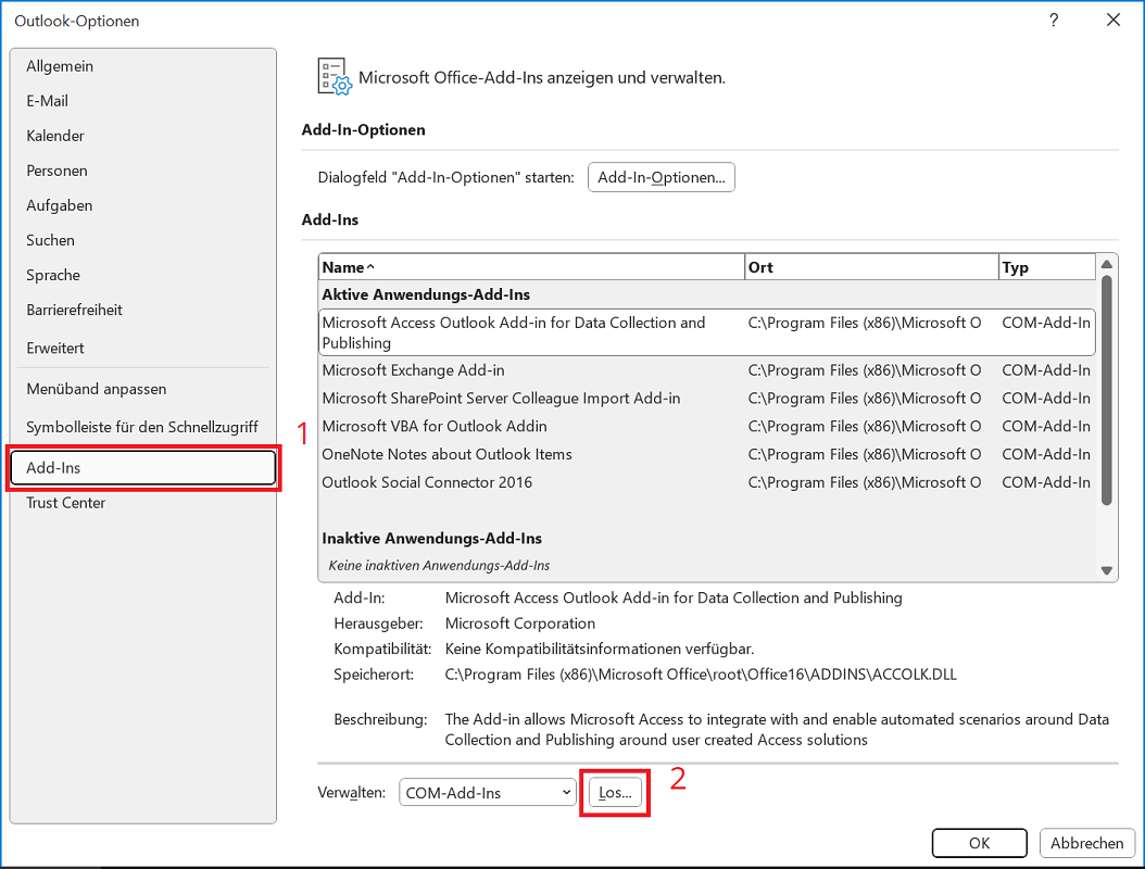Outlook im Abgesicherten Modus starten und Add-Ins deaktivieren