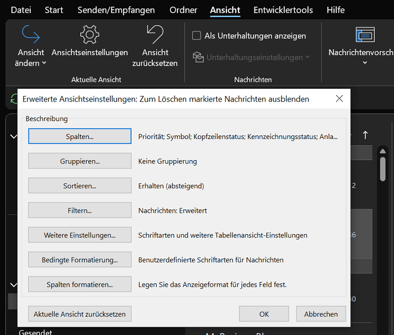 Outlook Ansichtseinstellungen