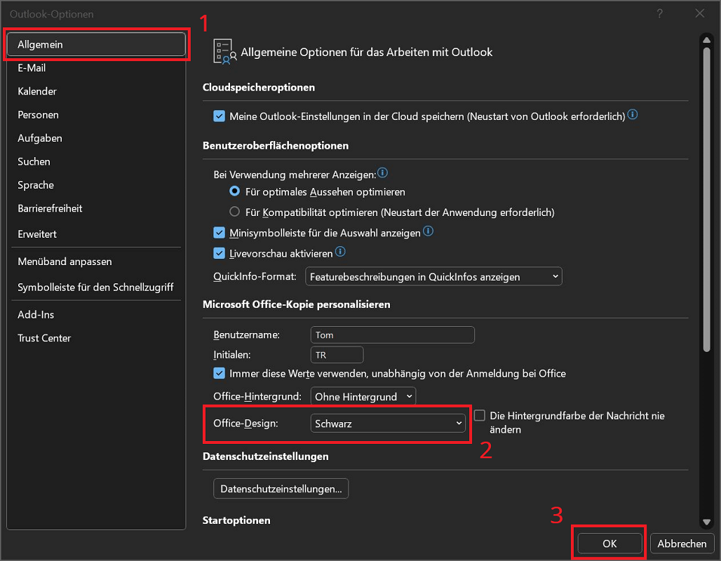 Outlook Dark Mode in der Windows Anwendung aktivieren