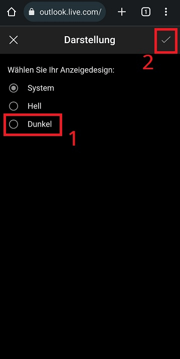 Outlook Dark Mode auf dem Smartphone oder Tablet im Internetbrowser aktivieren