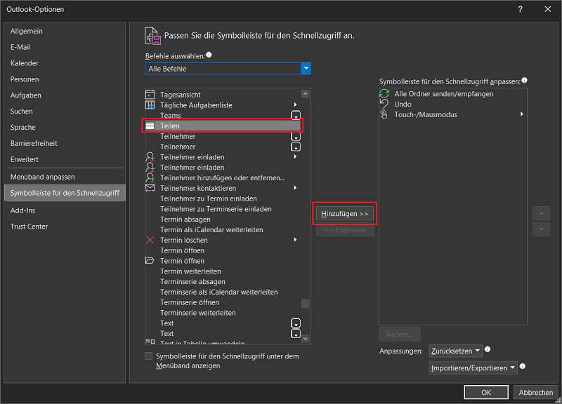 Teilen-Funktion in den Outlook Einstellungen hinzuf&uuml;gen