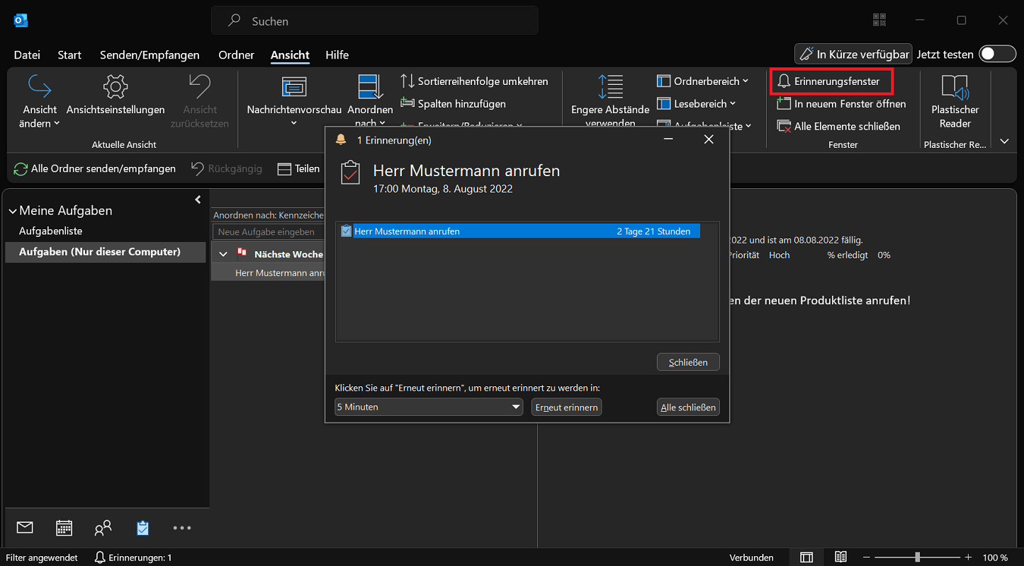 In Outlook alle aktuellen Erinnerungen anzeigen