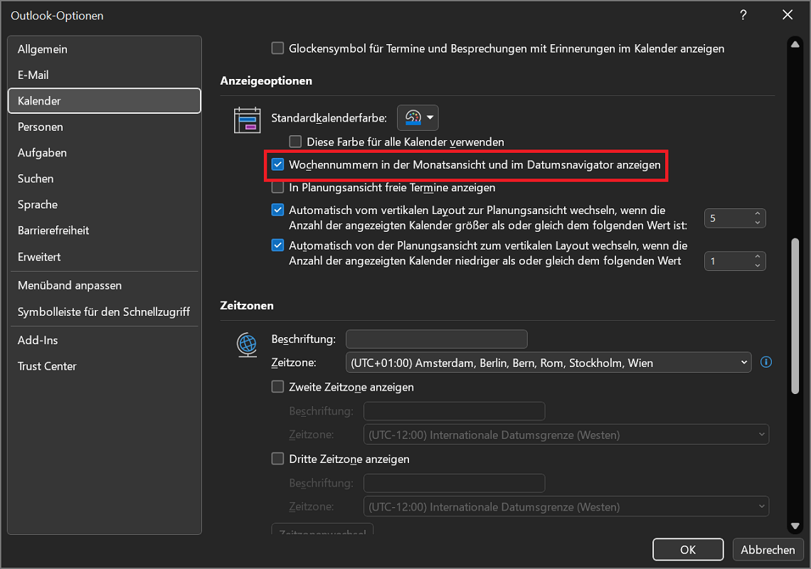 In Outlook die Kalenderwoche über die Optionen aktivieren und anzeigen