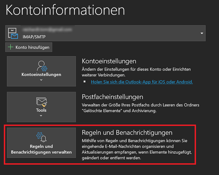 Outlook Kontoinformationen für die Einrichtung von Regeln, Benachrichtigungen und automatische Antworten
