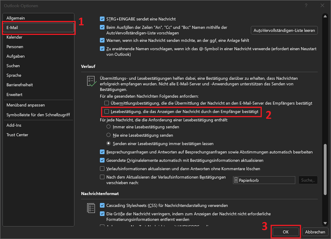 Outlook Lesebestätigung in den Optionen aktivieren