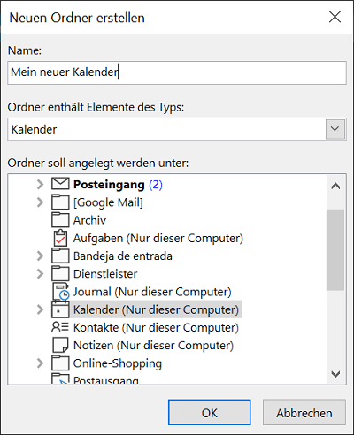 Neuen Kalender in Outlook hinzufügen