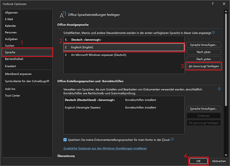 In den Outlook-Optionen die Sprache ändern