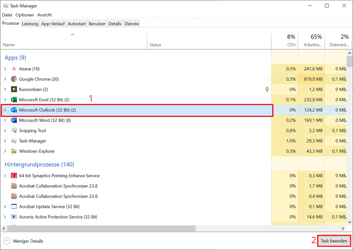 Outlook-Prozess im Task-Manager beenden