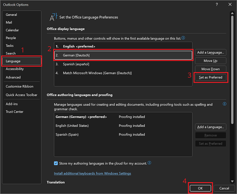 Outlook von Englisch auf Deutsch umstellen