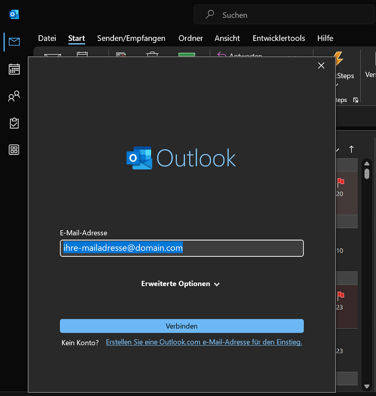 Postfach in Outlook hinzufügen