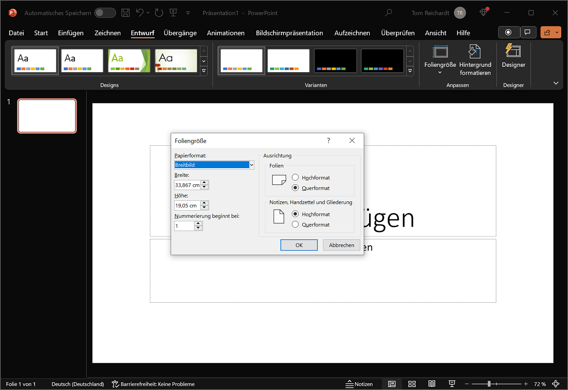 In PowerPoint ein benutzerdefiniertes Format erstellen und speichern