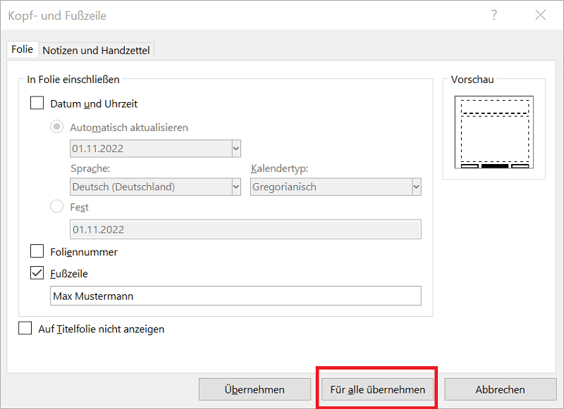 In PowerPoint die Fußzeile auf allen Folien ändern