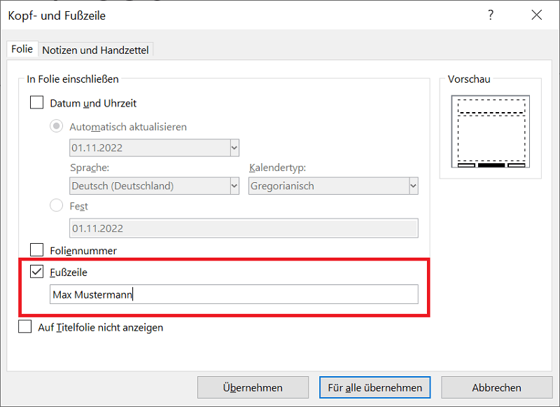 PowerPoint Fußzeile in den Optionen bearbeiten