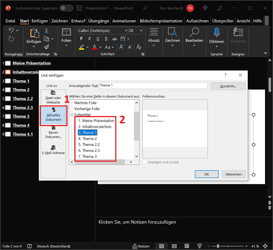 Inhaltsverzeichnis in PowerPoint mit Folien verlinken