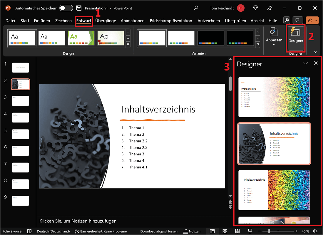 Mit dem Designer eine Vorlage für das PowerPoint Inhaltsverzeichnis auswählen