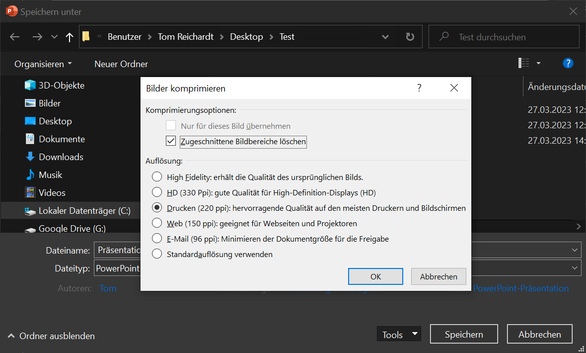 PowerPoint Präsentation in den Optionen komprimieren