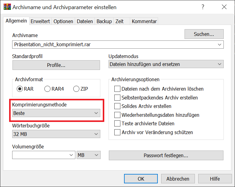 PowerPoint Präsentation mit WinRar komprimieren