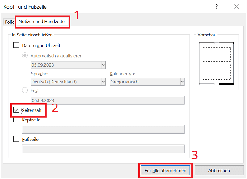 PowerPoint Seitenzahl im Bereich Notizen und Handzettel einf&uuml;gen