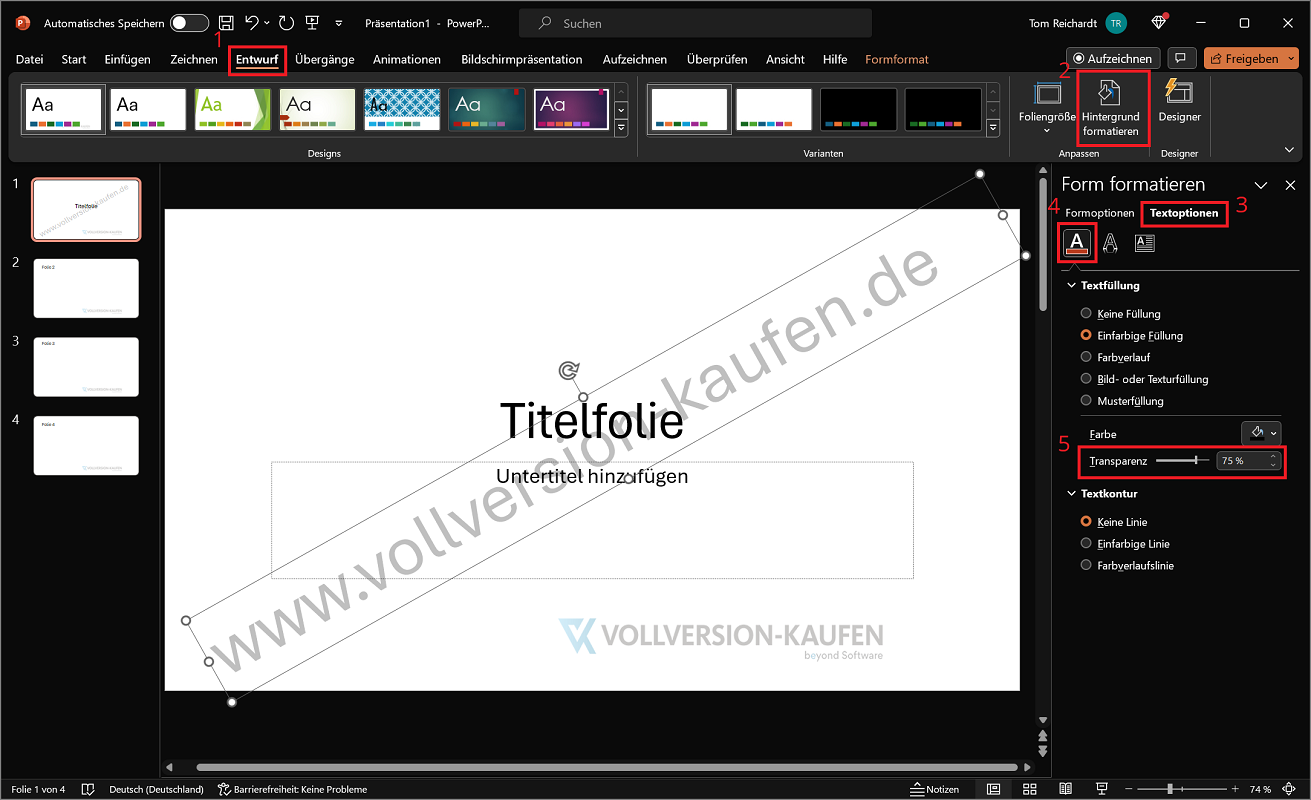 Wasserzeichen in PowerPoint als Text einfügen